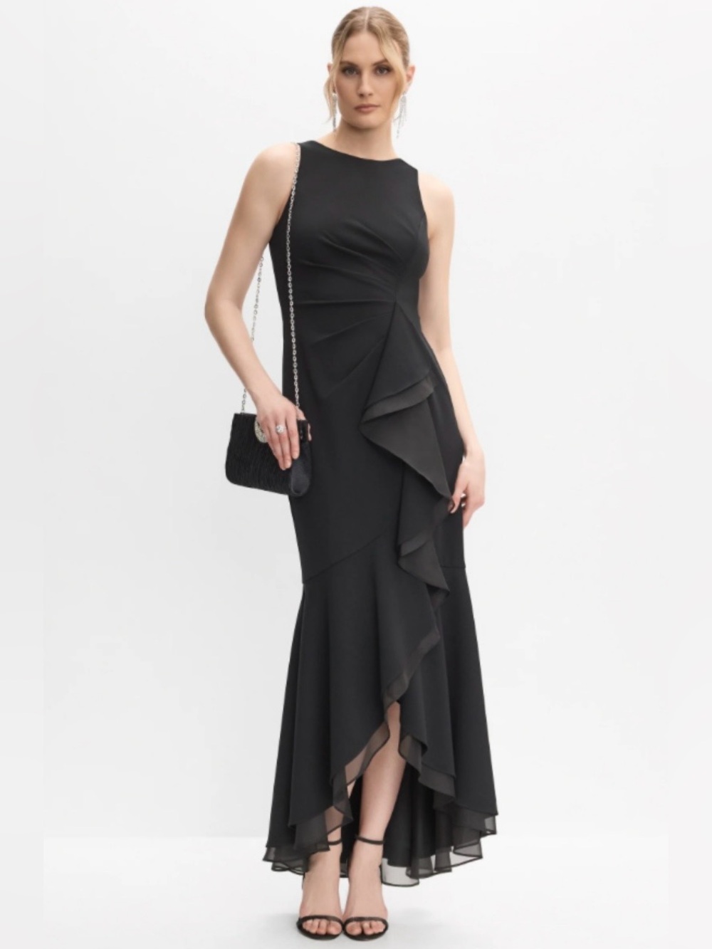 Adrianna Papell Black Ruffle Organza Crepe Maxi Gown High Low Formal Dress Sz 10